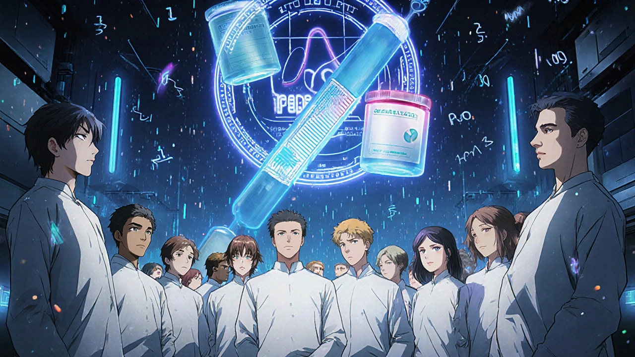 24 volunteers in a lab with floating AUC and Cmax data streams, a golden confidence interval seal between two pill bottles.