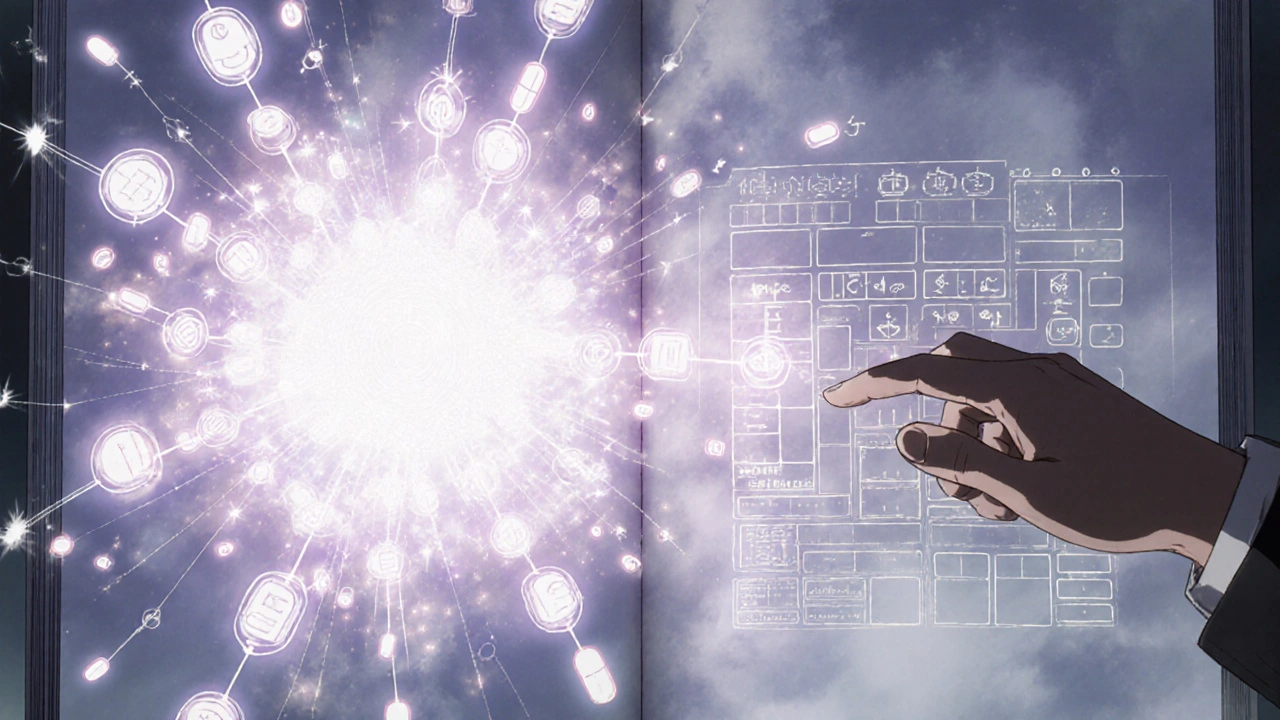 A chaotic web of pills transforms into an organized medication chart, symbolizing clarity and safety.