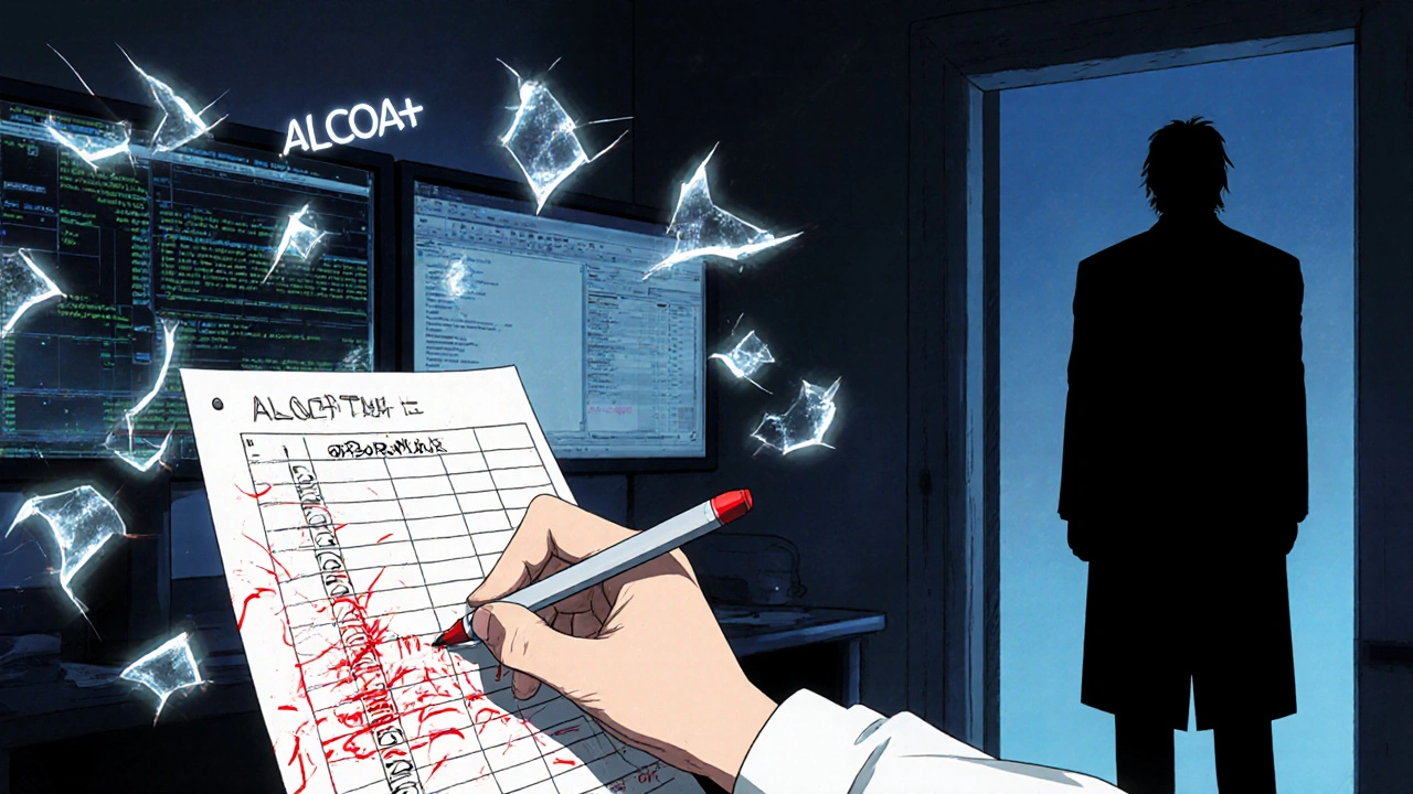 A lab technician erasing batch records while corrupted digital audit trails glow behind them.