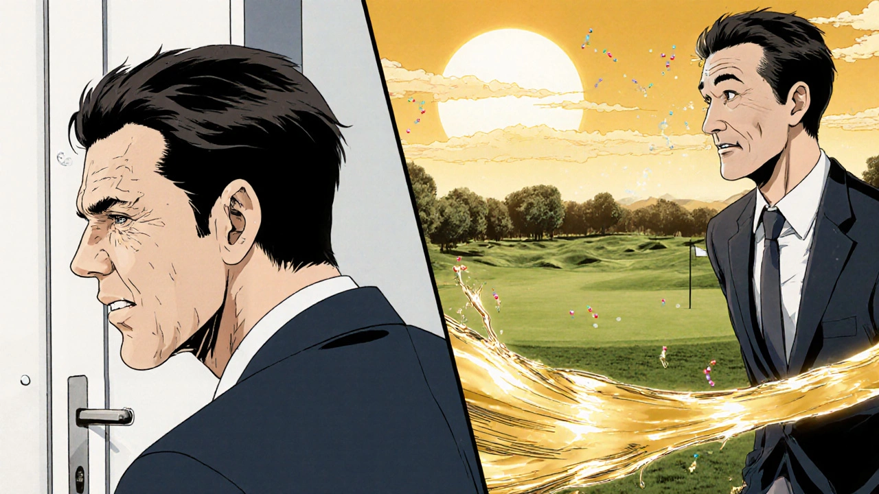 A man transitioning from anxious bathroom stress to confident golfing, with a smooth golden urine flow.