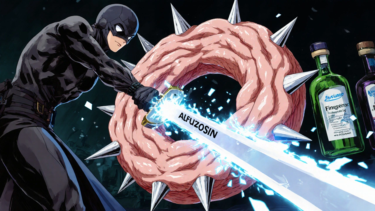 A manga-style battle where Alfuzosin cuts muscle tension around a prostate, releasing calming energy.