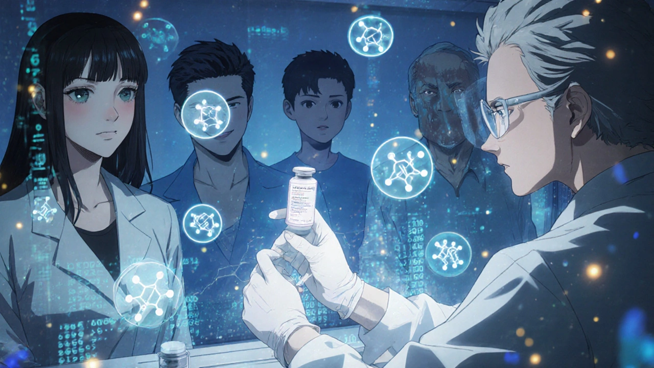 A pharmacist crafting custom hormone cream as holographic compliance data floats around them.