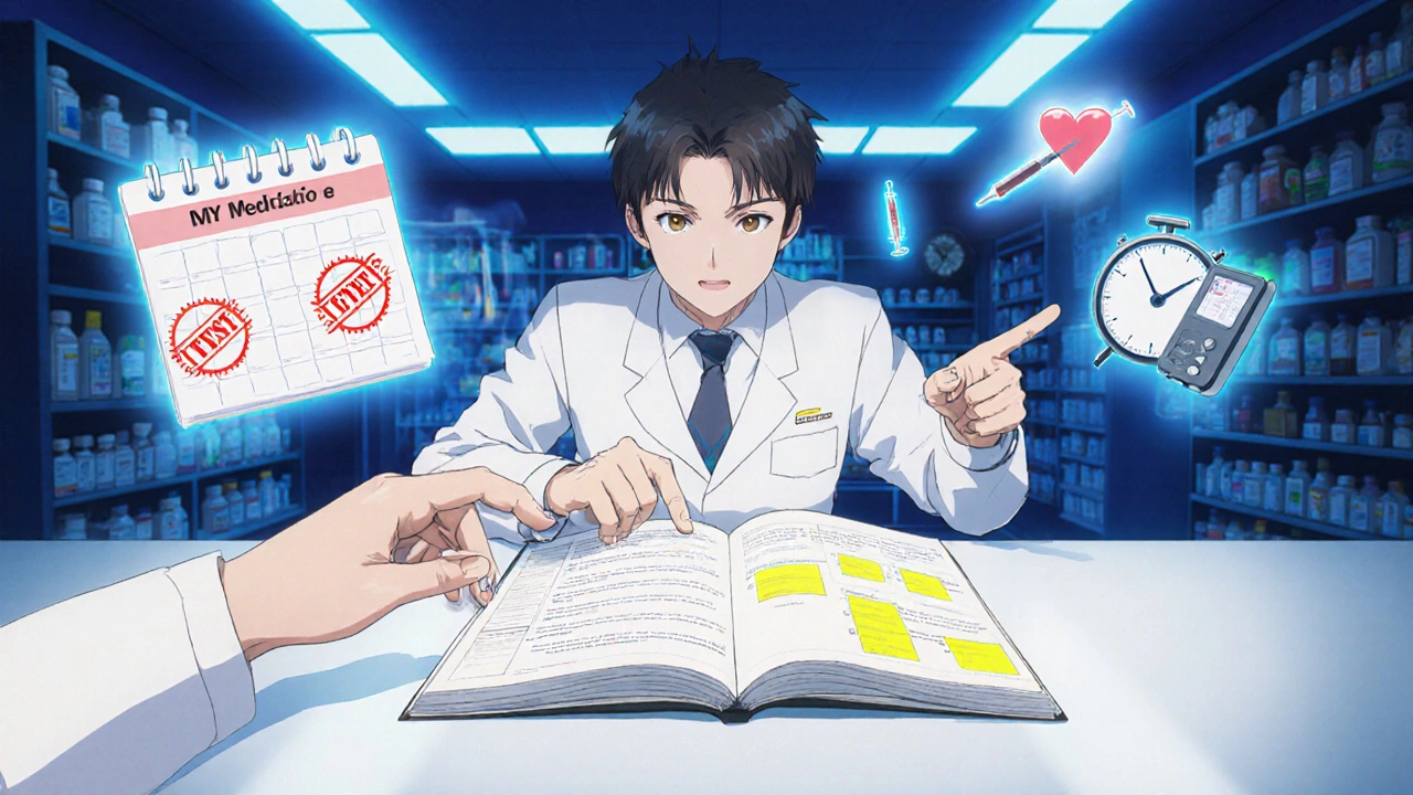 A pharmacist guiding a patient through a Medication Guide at a pharmacy counter with floating medical icons.