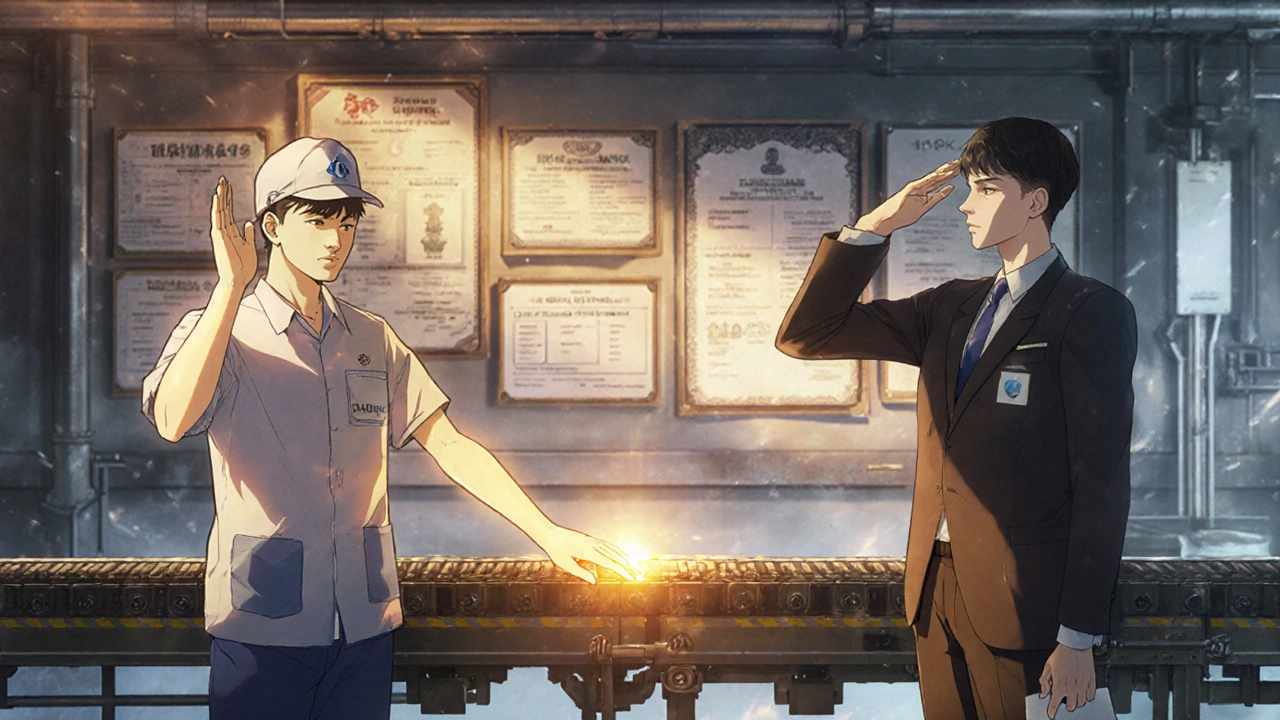 A worker stops production to report an issue, QA manager approves, golden light symbolizing integrity.