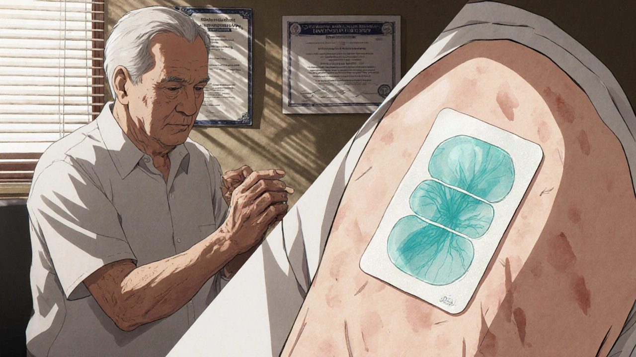 An elderly person applying a transdermal patch with medical symbols glowing softly in the background.