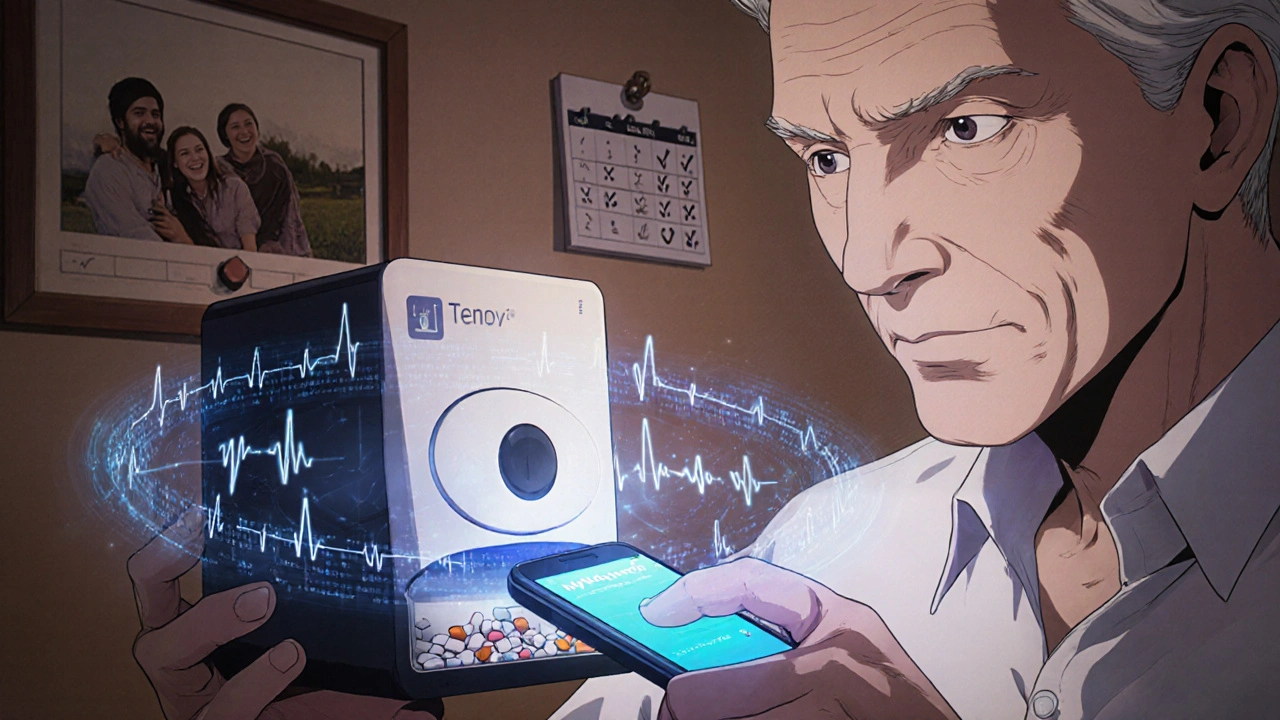 An older man pressing a large button on a smart pillbox as digital health data floats around him.