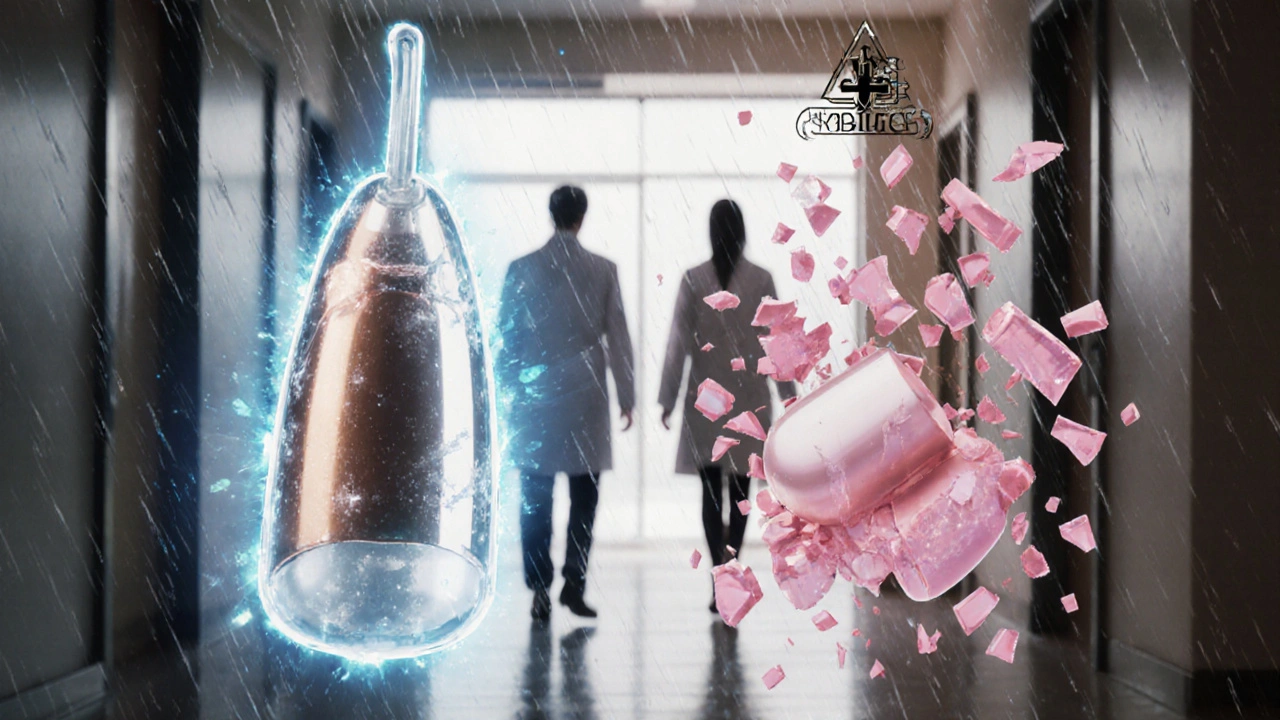 Copper IUD versus hormonal pill dissolving, with enzyme symbols breaking down estrogen molecules.