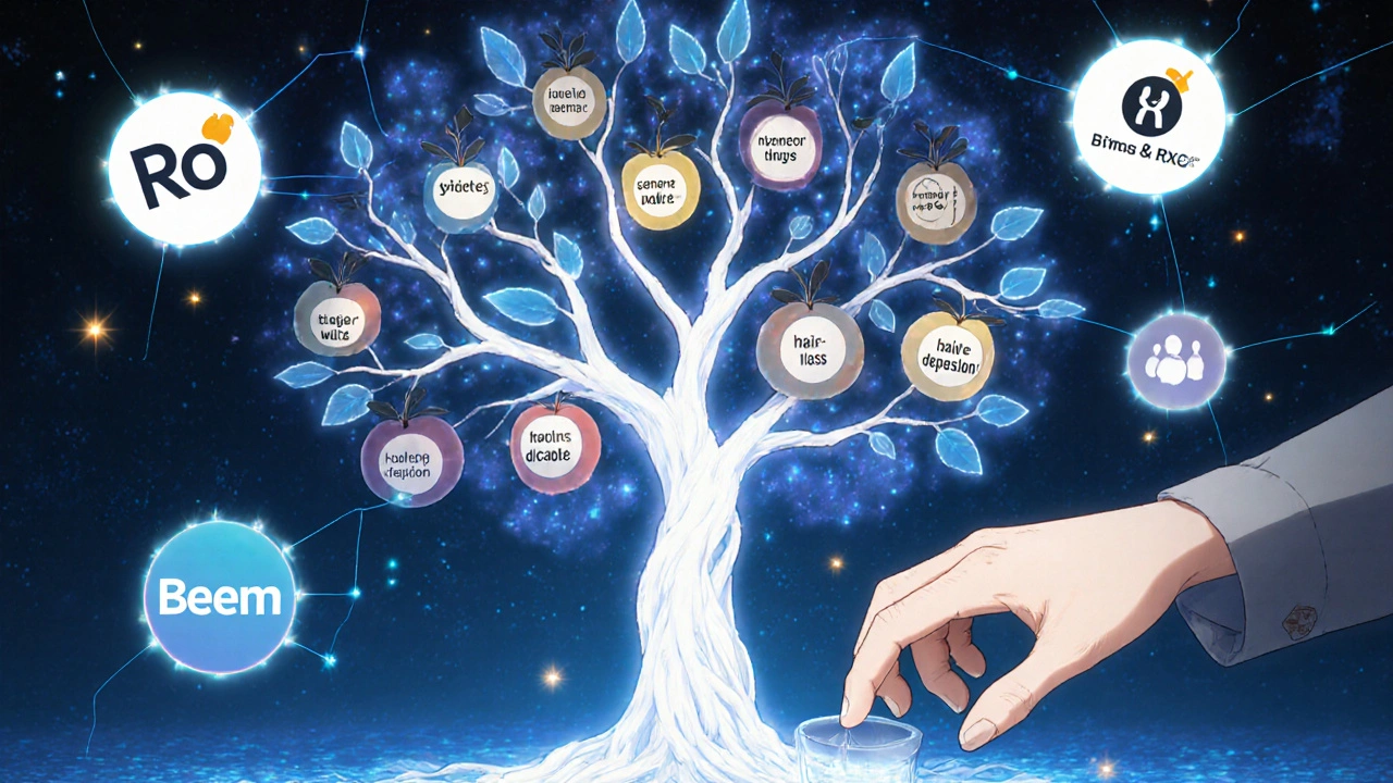 Digital tree with health conditions as branches, bearing generic medications, connected to app logos via data streams.