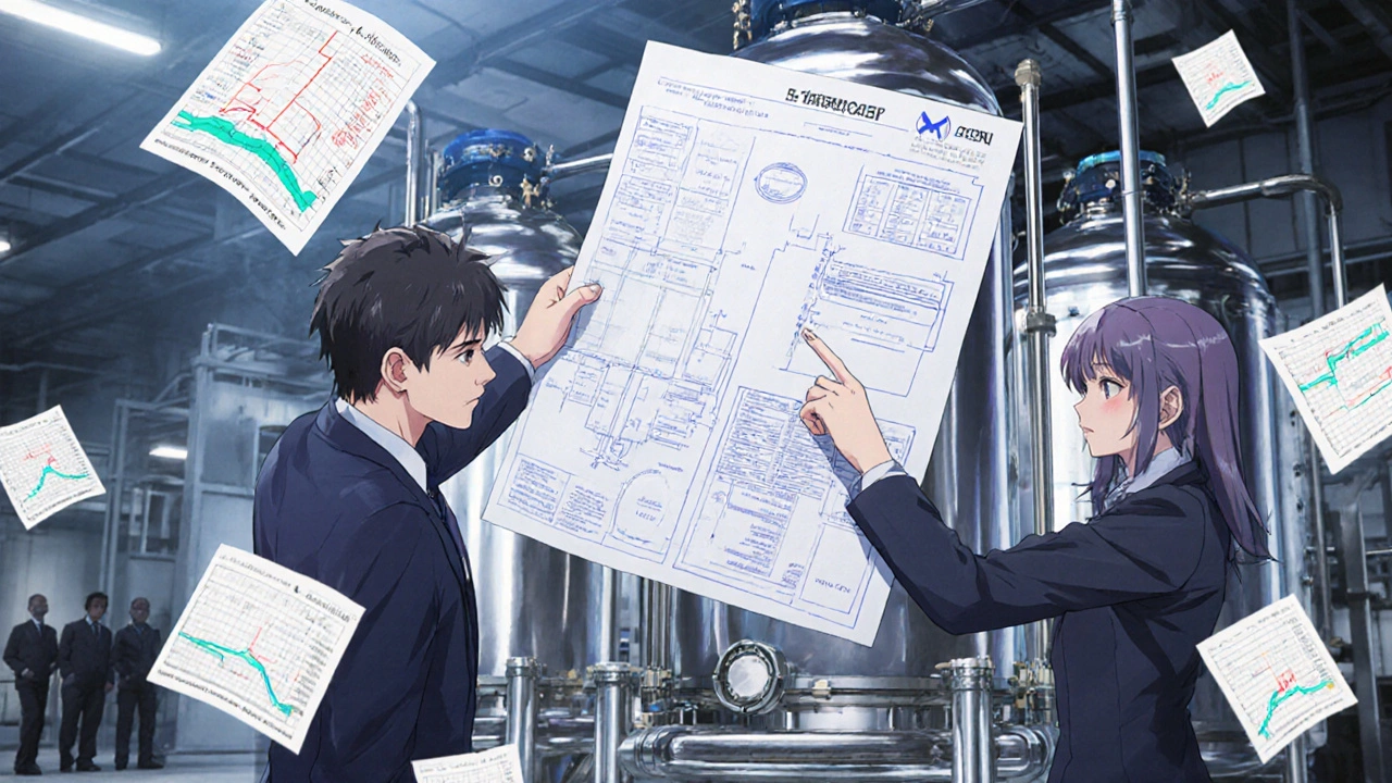FDA agents comparing a digital blueprint with a reactor, data streams floating around them.