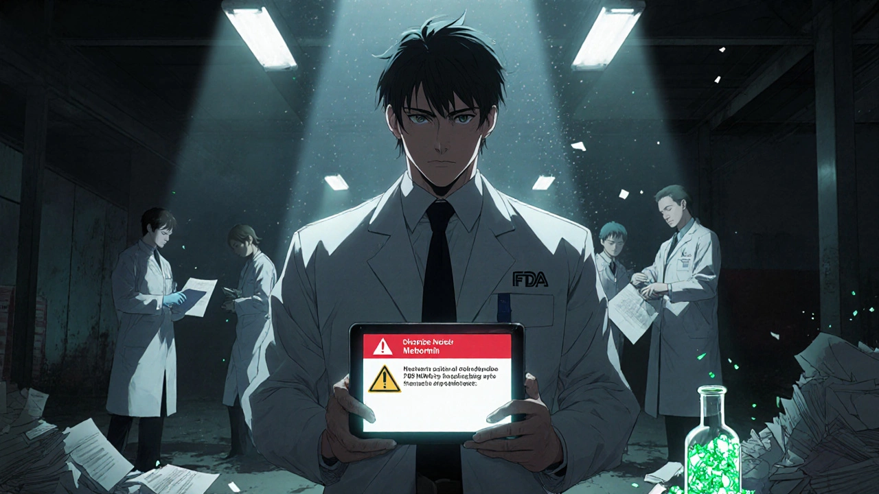 FDA inspector confronting staff shredding records as contaminated drug crystals glow green in dim warehouse light.