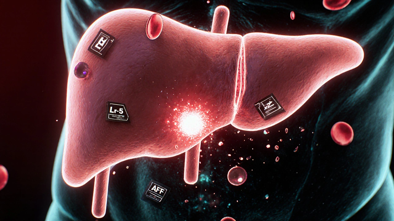 Floating 3D liver scan with glowing tumor and LI-RADS labels, cyberpunk medical aesthetic.