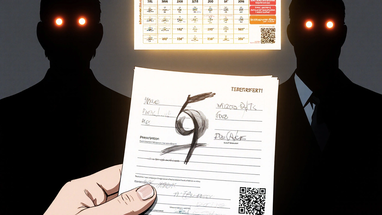 Handwritten prescription with smudged numbers transforming into dangerous digits, surrounded by opioid conversion ratios and tamper-proof microprinting.