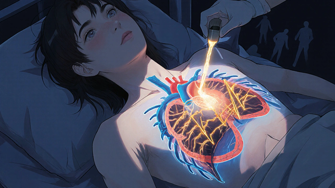 ICD device implant with golden pulses restoring rhythm to mismatched heart ventricles.