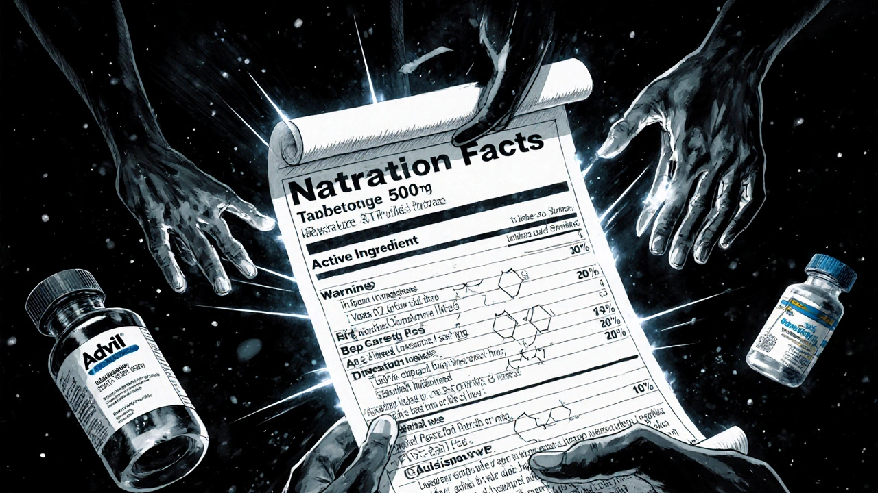 Magnified Drug Facts label with glowing active ingredient and warning symbols, rendered in detailed anime style.