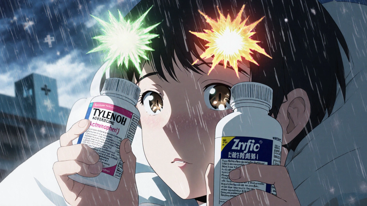 Parent holding children&#039;s medicines as active ingredients clash as spectral spirits above sleeping child.