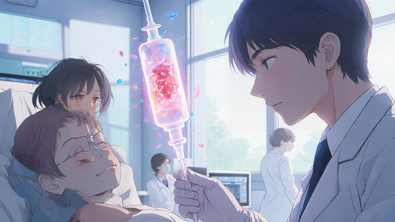 Patient undergoing medical desensitization to insulin, glowing energy transforming hostile cells to calm blue.