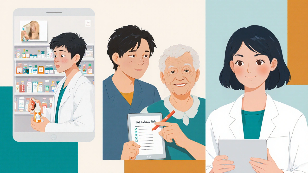 Patients in various settings receive medication guidance from a pharmacist via video, with family support.