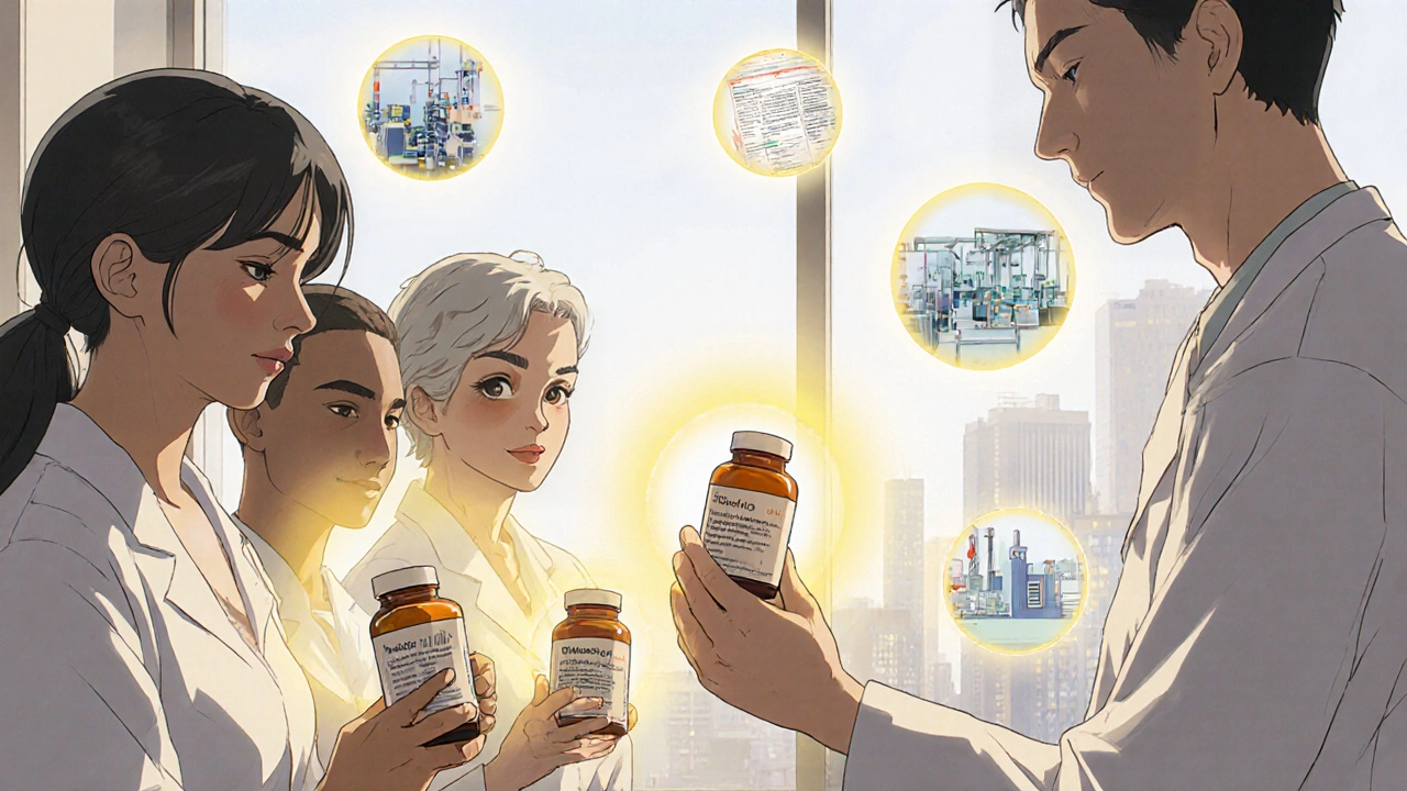 Patients receiving generic pills with factory compliance visuals floating as halos around them in a bright pharmacy.