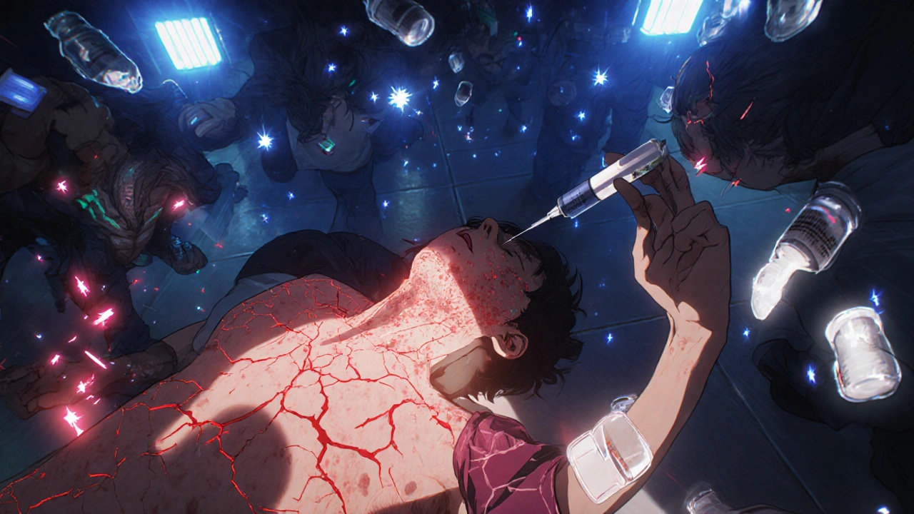 Person having anaphylactic reaction with hives and swollen throat, EpiPen in hand, paramedics rushing in.