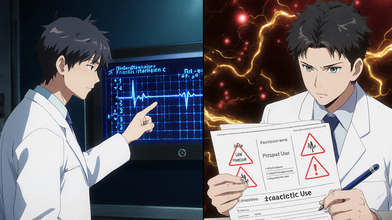 Pharmacist and doctor reviewing ECG with Fridericia formula and patient risk factors displayed prominently.