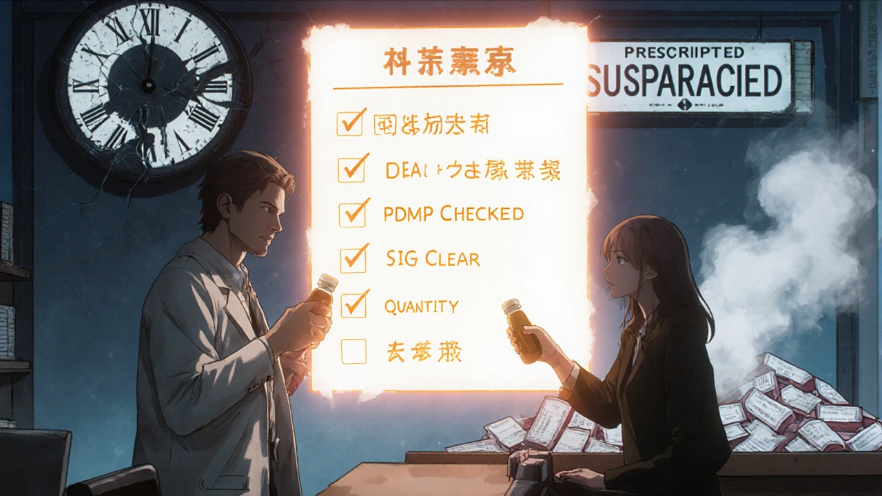 Pharmacist handing medication while a glowing 9-point compliance checklist hovers above, with a &#039;SUSPENDED&#039; sign glowing behind.