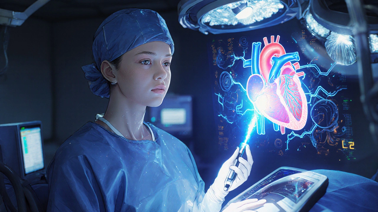 Pulsed field ablation with electric blue energy pulses targeting heart tissue safely.