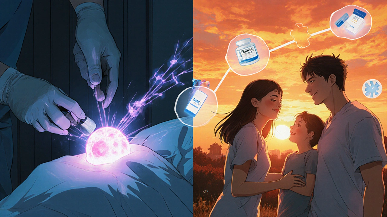 Split scene: ablation treatment on one side, joyful family moment on the other, symbolic cancer treatments floating nearby.