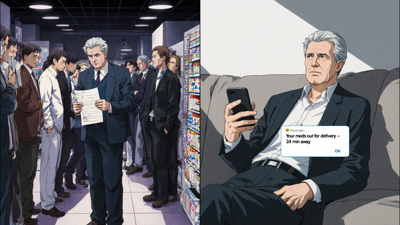 Split scene: frustrated person in crowded pharmacy vs. relaxed person getting meds delivered at home.