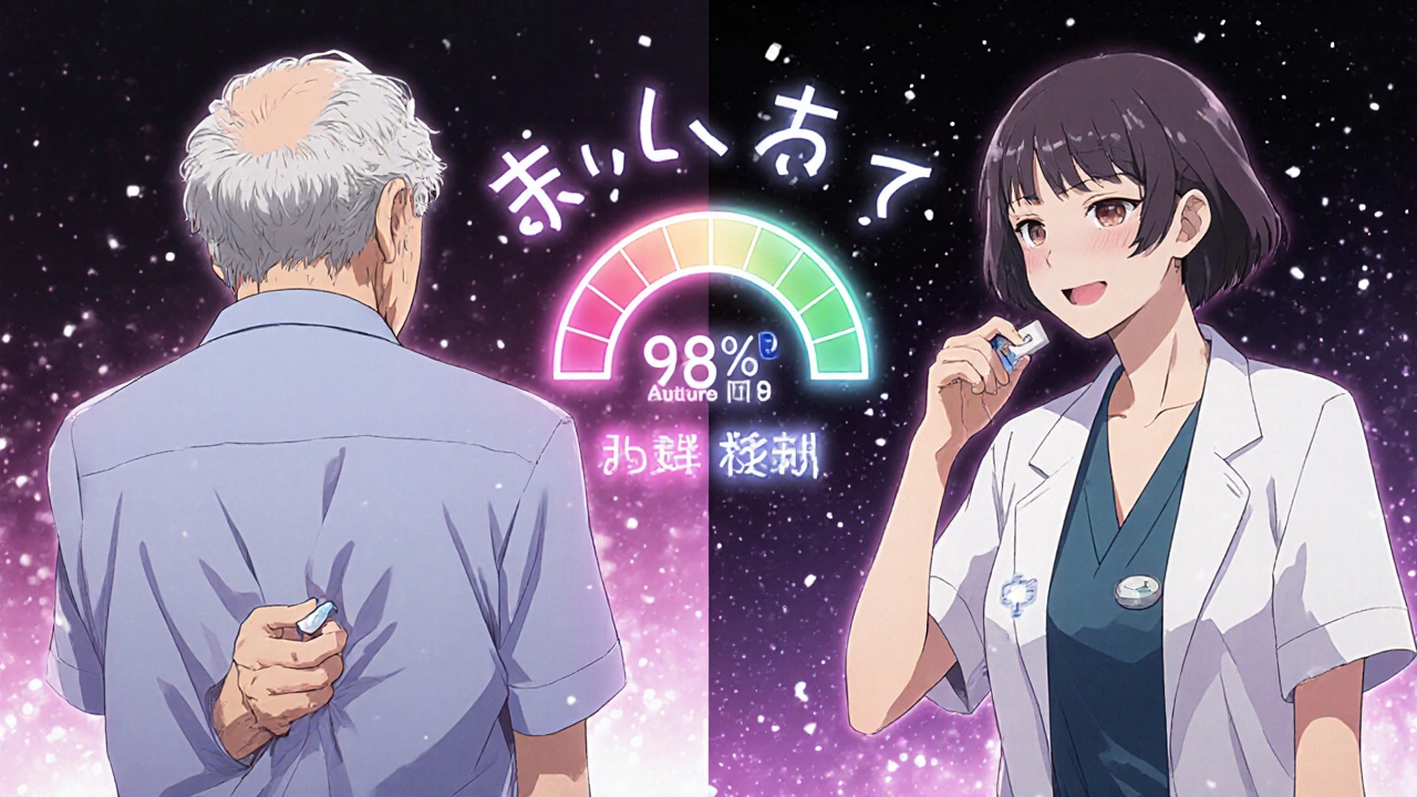 Split scene: one side shows hiding a pill, the other shows a nurse confirming absorption via a wearable patch.