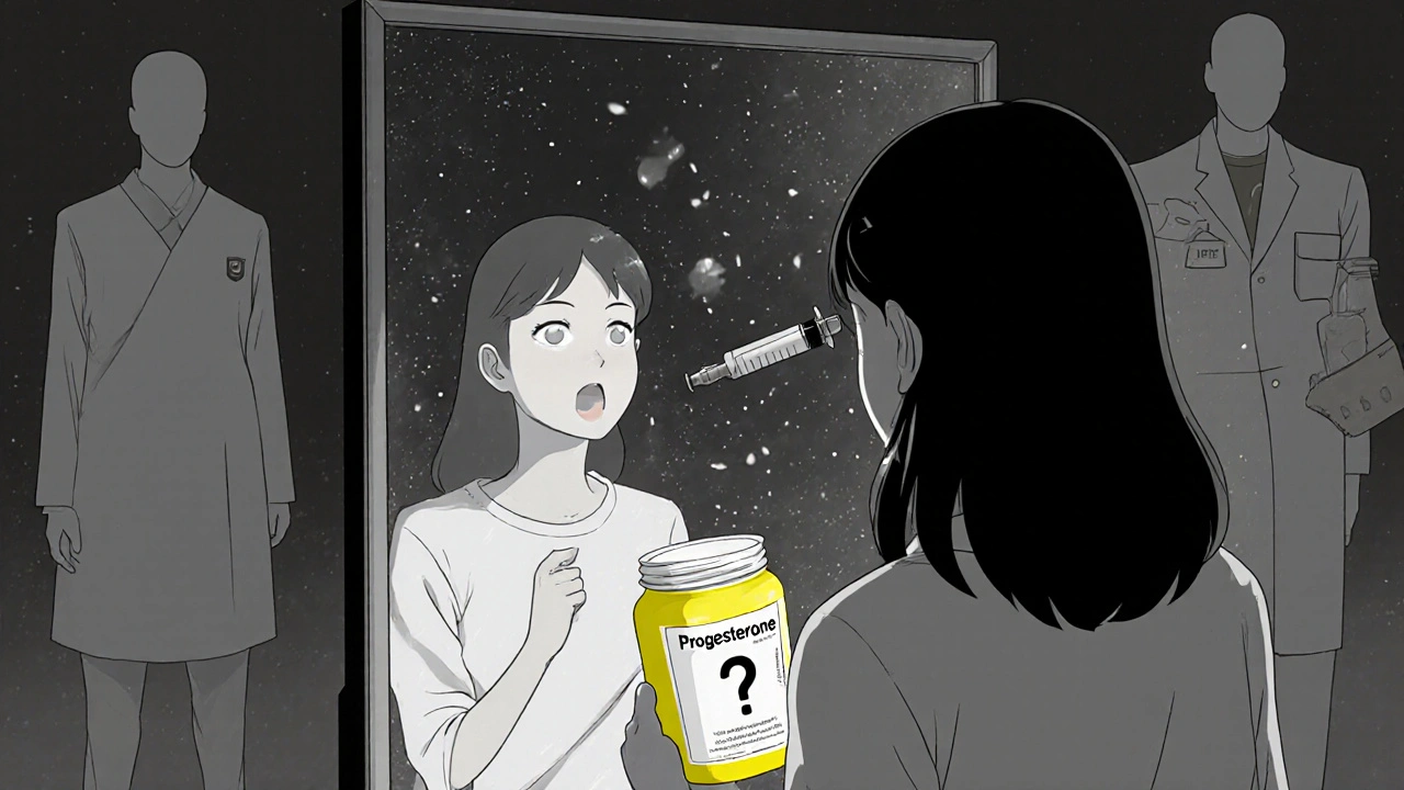 Woman holding progesterone cream while mirror shows empty space, symbolizing ineffective treatment.