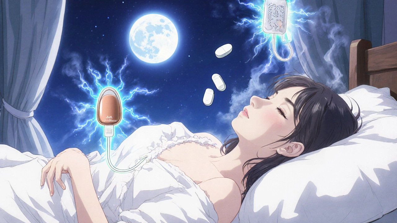 Woman sleeping safely with IUDs glowing nearby, broken birth control pills fading into smoke.