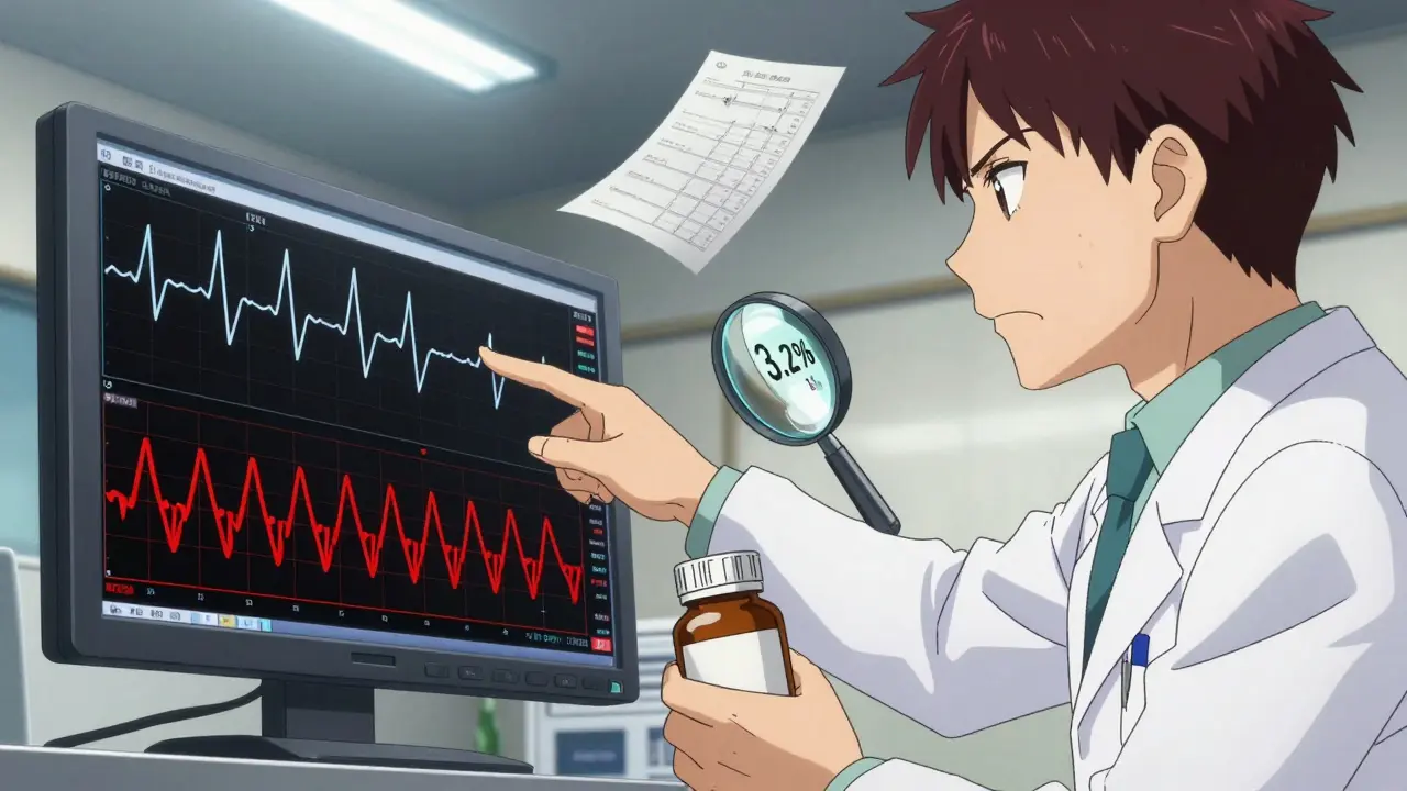 A doctor shows a patient a monitor with chaotic blood pressure waves while they hold a supplement bottle with hidden caffeine levels.