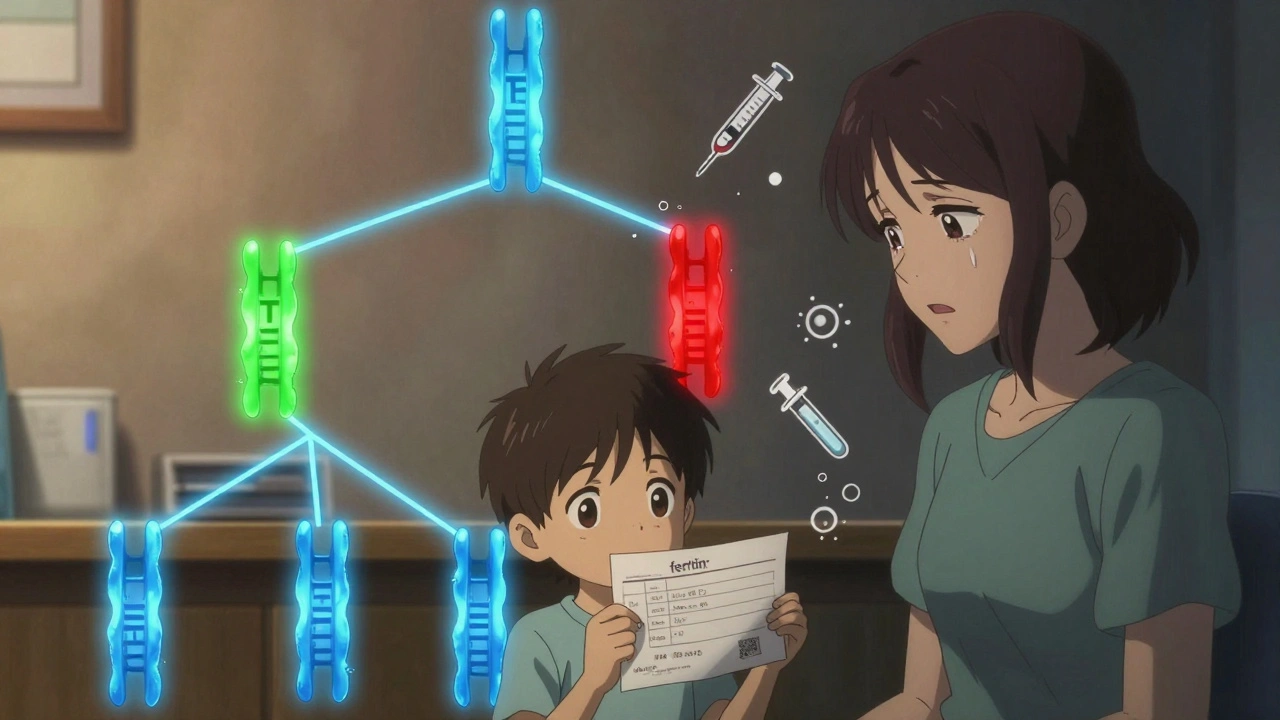 A family tree glows with genetic markers, showing hemochromatosis inheritance across generations.