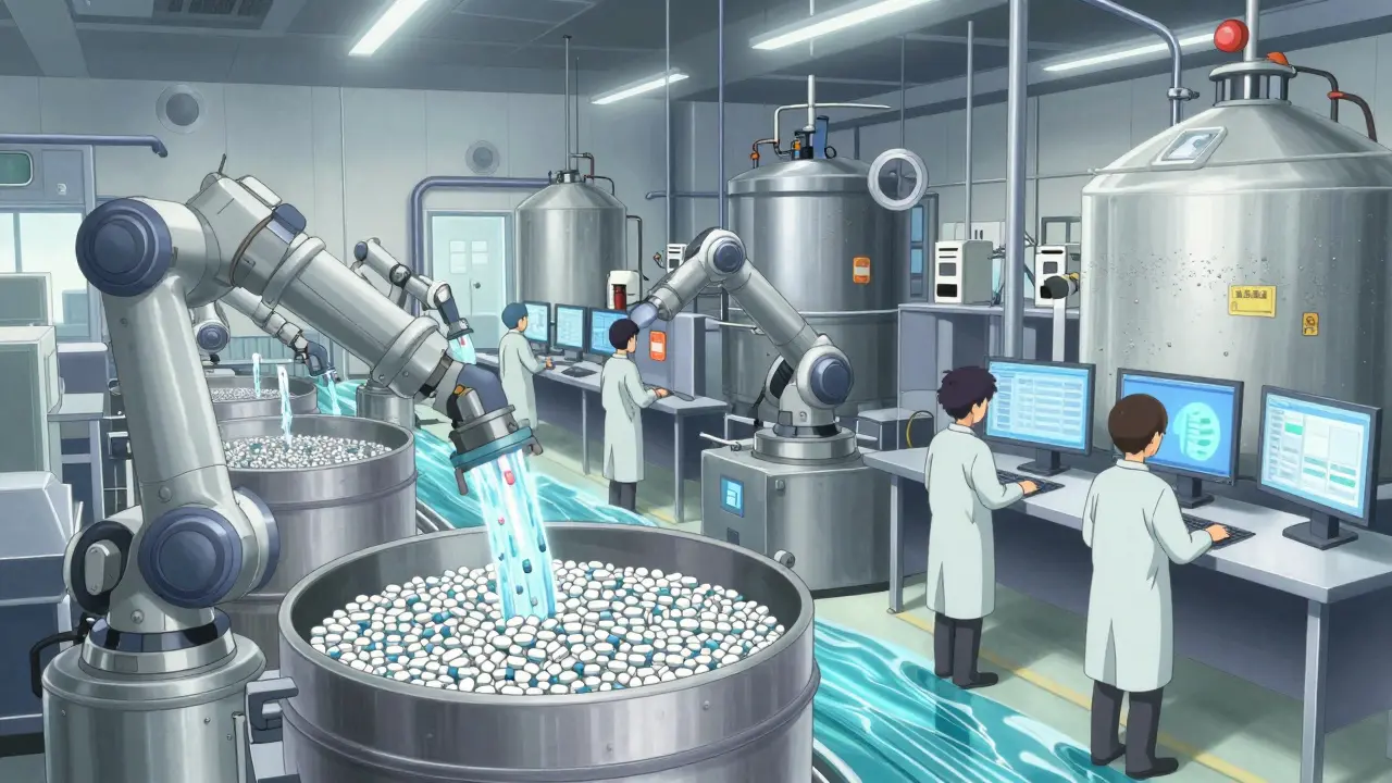 A high-tech generic drug factory with robotic arms and conveyor belts producing millions of tablets.