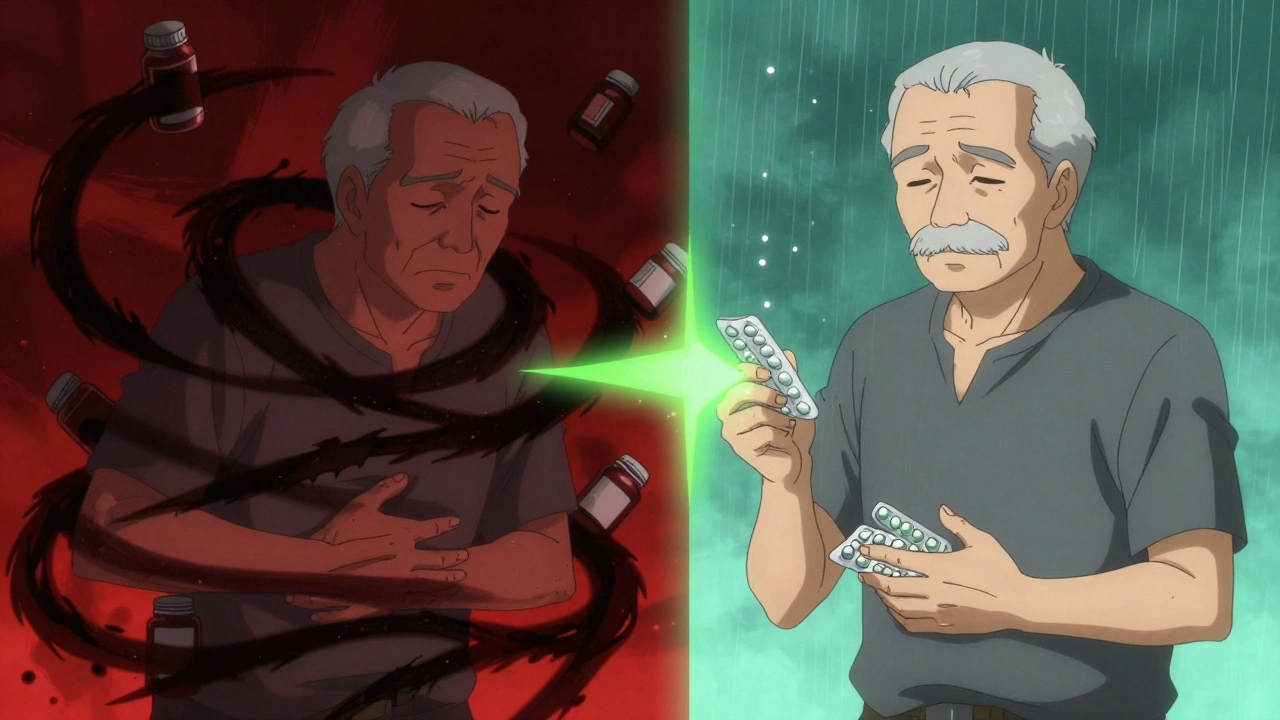 A man in discomfort versus a healed version, separated by glowing paths of safe vs. harmful pill formulations.