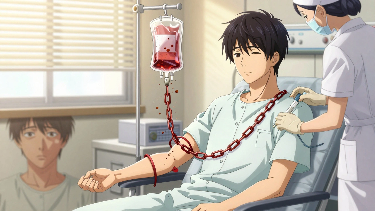 A man receives phlebotomy as iron chains dissolve from his body into a blood bag.