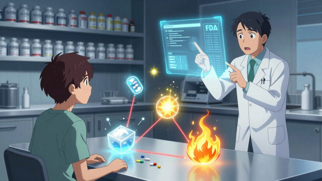 A patient surrounded by floating warning icons of medication excipients, with a pharmacist pointing to a holographic database.
