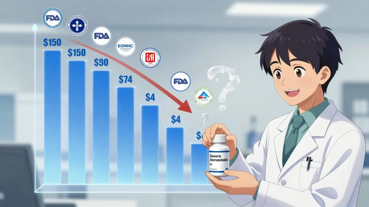A pharmacist gives a patient a low-cost generic pill bottle while a price-drop graph towers behind them.