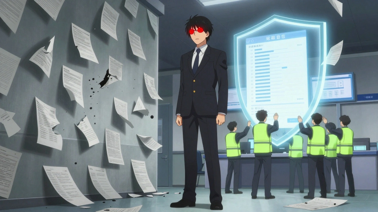 A regulatory inspector confronts collapsing paper records as a team activates a validated digital system, symbolizing compliance.