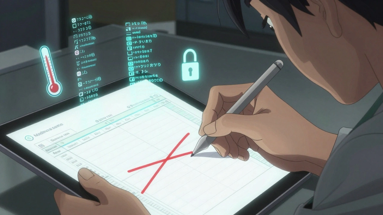 A technician corrects a digital record with a strikethrough and initials, surrounded by audit trail data and compliance icons.