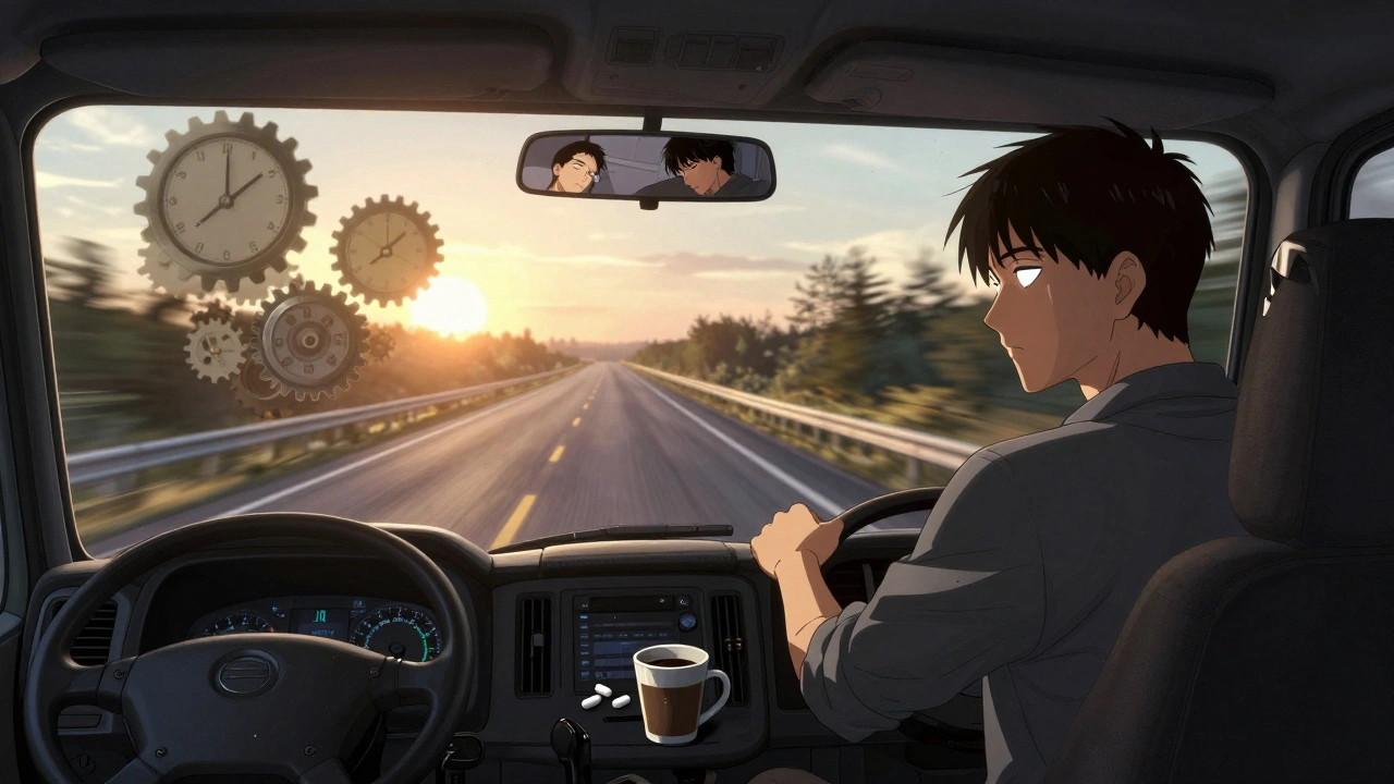 A truck driver on a dawn road, hallucinating clock gears spinning backward as he fights drowsiness.