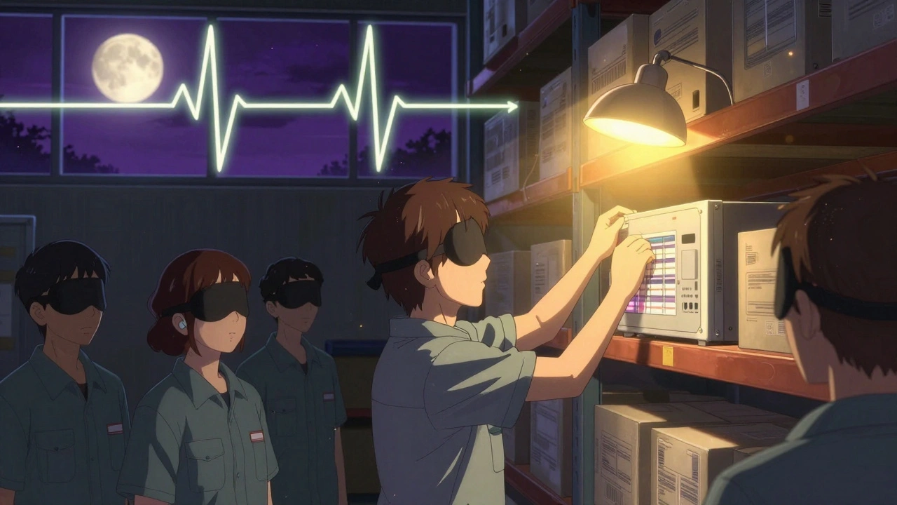 A warehouse worker using a light therapy box at night, surrounded by coworkers practicing sleep hygiene.