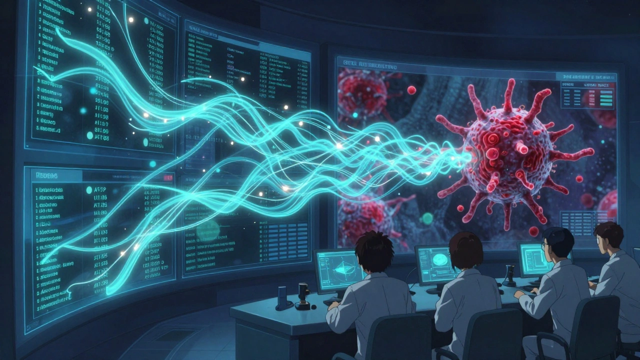 AI data dashboard visualizing environmental monitoring streams with evolving pathogens.