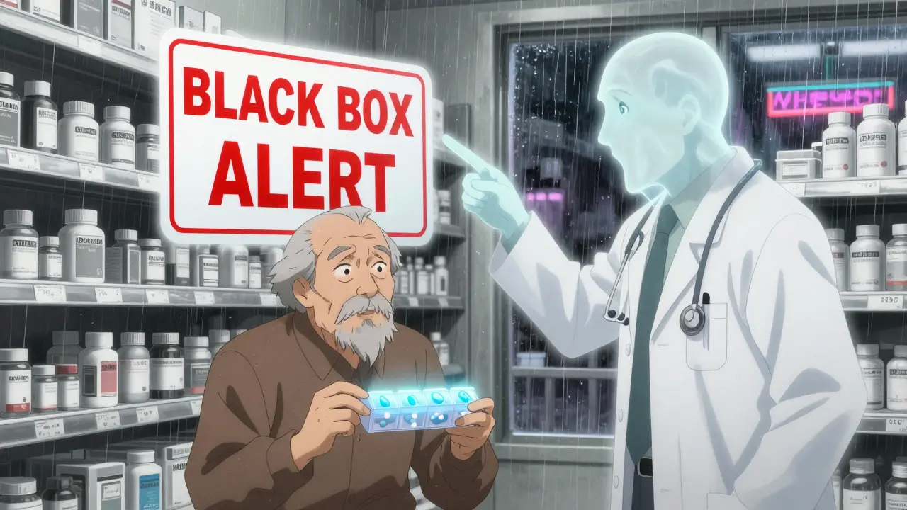 An elderly man and pharmacist in a pharmacy, a ghostly doctor points to a giant 'BLACK BOX ALERT' warning above three glowing pills.