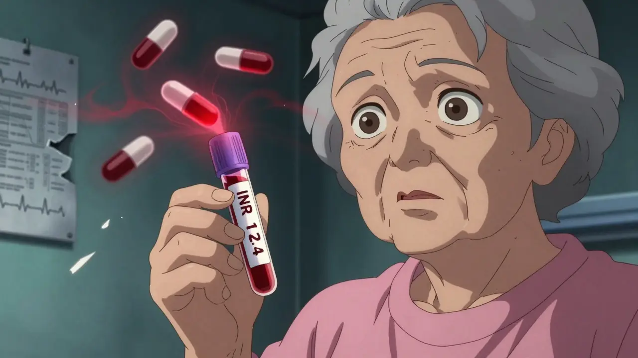 An elderly woman holds a blood test vial with dangerously high INR levels, her eyes reflecting swirling drug molecules.