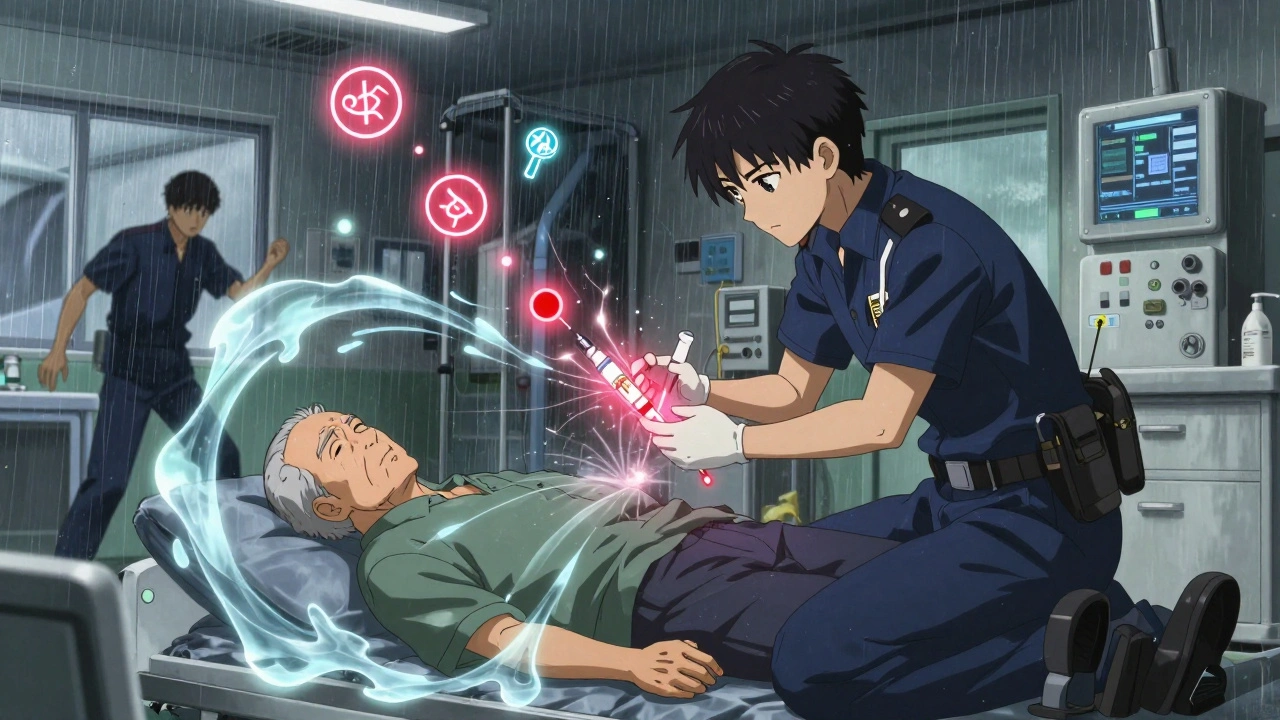 An emergency scene with a glowing antidote injection being administered, energy waves radiating as medical staff react.