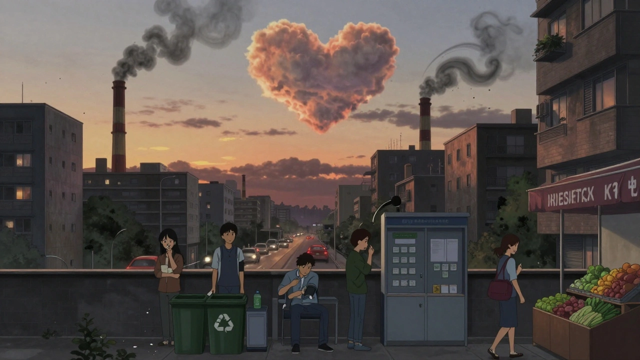 Cityscape with pollution and people making healthy choices, symbolizing community heart disease prevention.