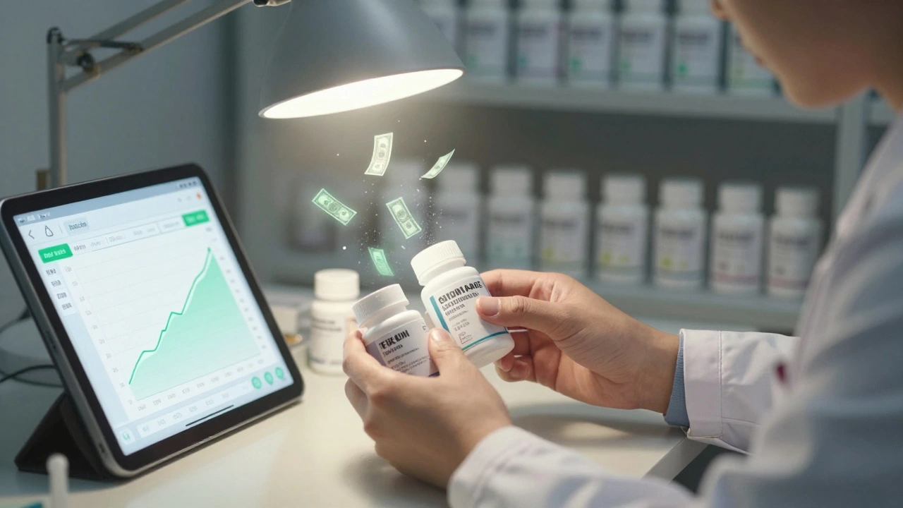 Clinic manager scanning expiration dates on medication bottles under a lamp with a savings dashboard nearby.