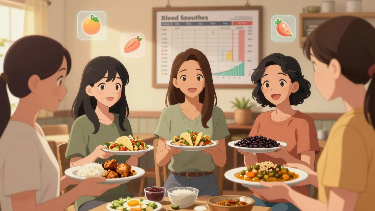 Diverse group of pregnant women sharing culturally adapted meals and support.