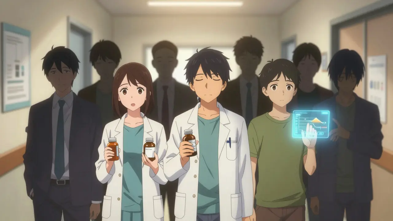 Diverse individuals holding medication bottles as shadowy past selves fade away in a sunlit hallway.